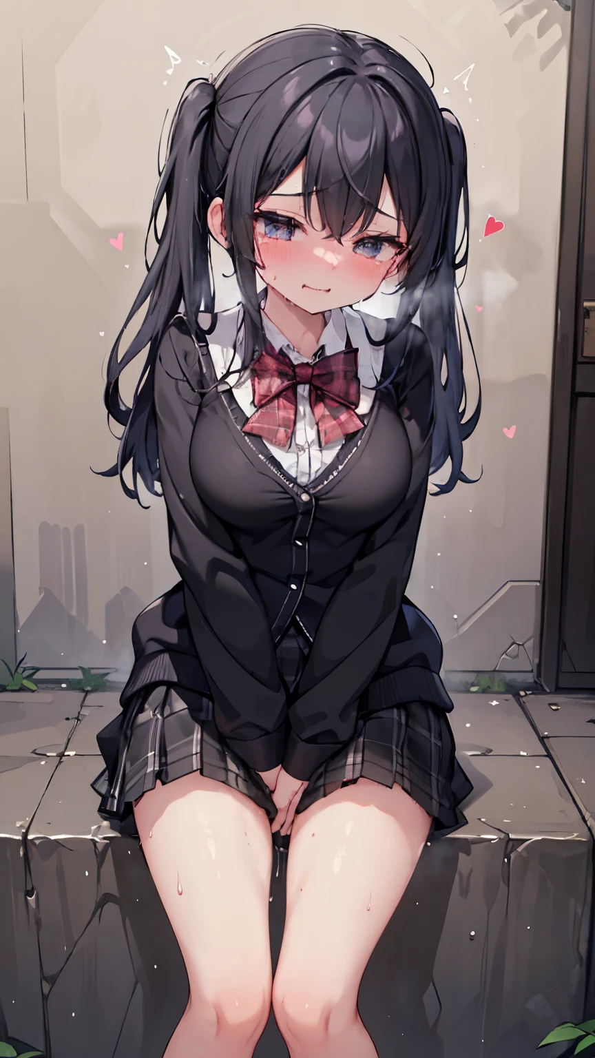 (masterpiece,beautiful,hughres,CG,8k,16k,best quality,high-resolution,detailed fingers,detailed hands,detailed legs,detailed eyes:1.7),(cowboy shot,crotch focus:1.6),1girl,(school uniforms,black cardigan,white shirt,plaid skirt,black skirt,black hair,twintails,large breasts:1.6),(red bowtie:1.2),(outdoors,sidewalk:1.5),(have to pee:1.3),(urge to pee:1.4),(very desperate to pee:1.6),(standing:1.4),(knees together and feet apart:1.3),(rub each other's knees:1.6),(hand between legs,holding the crotch:1.6),(erotic waist twist:1.6),(trembling,female orgasm,pussy juice:1.7),(embarrassed,gasping,heavy breathing,blush:1.6),(impatience:1.3),(flustered:1.2),(fidgeting around:1.5),(steam:1.5),(sweat skin:1.6),(tearing up,streaming tears:1.4),(drooling:1.3),(looking down at viewer:1.4),(biting own lip:1.3),(spoken heart:1.3)、 expose my chest、 Bare Breasts、Nipples、 black knee high 、 absolute domain、 Black Loafers 、 full body portrait 、pussy