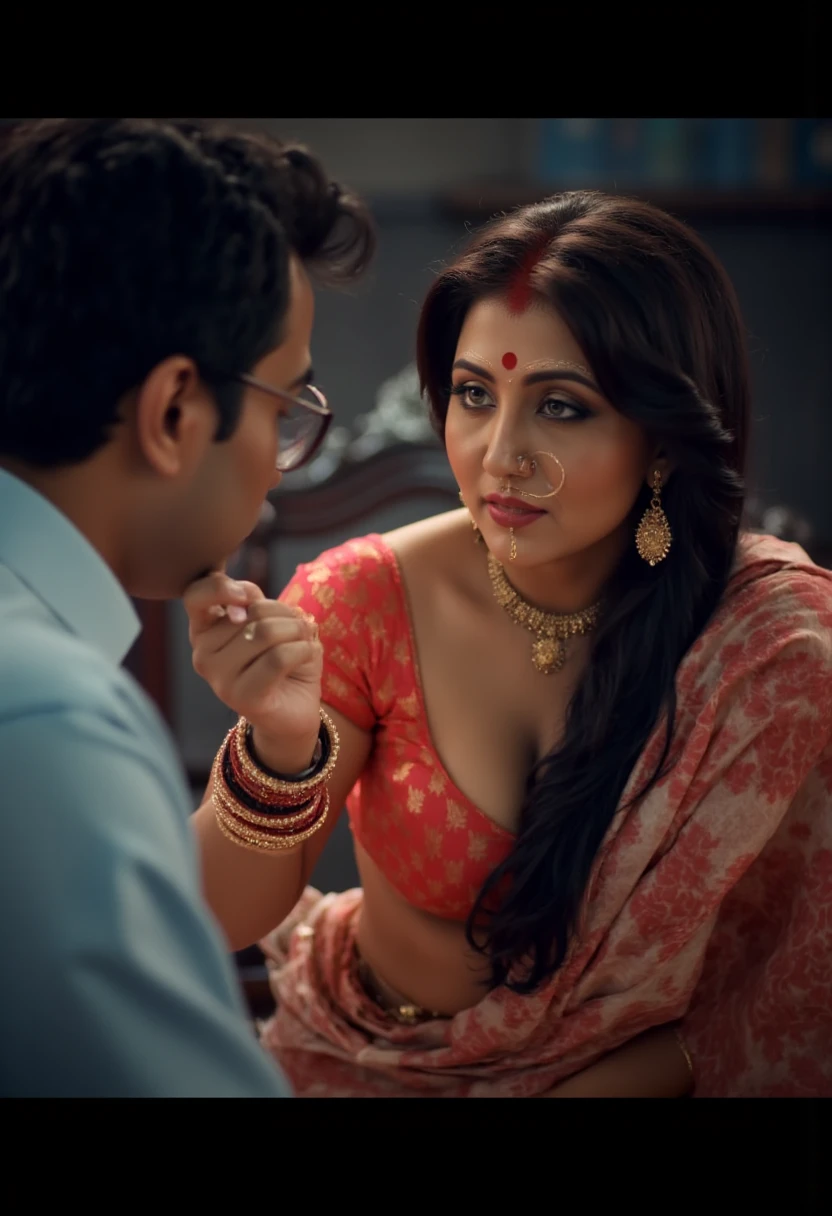 The woman stands in a dimly lit room, draped in a sheer red-and-white saree styled to accentuate her curves, with a provocative zebra-print blouse revealing a daring amount of cleavage. Her hips sway subtly, each movement designed to capture her husband’s attention, who sits across from her, nervously adjusting his glasses, his cheeks flushing.

She lets the pallu slip slightly from her shoulder, exposing more of her toned midriff, and places a hand on her hip, casting a smoldering gaze toward him. Her husband, with a slight frame and bookish appearance, is clearly flustered by her boldness. She takes a few steps closer, trailing her fingers down her collarbone and lightly biting her lip, her bindi and bold red lipstick adding to her sultry expression.

The woman tilts his chin up with one finger, meeting his gaze directly, her mischievous smirk showing she’s fully aware of her effect on him. She leans close, whispering softly, letting her breath graze his cheek, her other hand resting on his knee, which only adds to his growing nervous excitement. With a playful twirl of her pallu, she turns, casting a lingering glance over her shoulder, daring him to respond.
