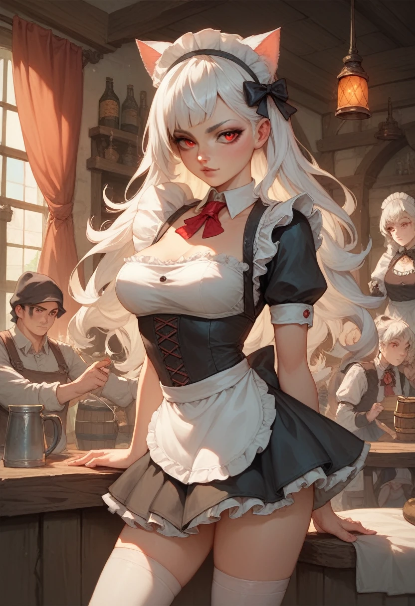 Western, indoors, stunningly beautiful girl, petite and seductive blue eyes, blonde, blush eyeshadow, dark eyelashes, (flat breasts), shallow depth of field, blonde hair, ([[smile]], dark skin), looking at camera, black panties ((one woman, hair over one eye)), half-closed eyes, ahoge, dark elf, ridiculous long hair,(( edwardian Maid)), headbands, apron dresses, ear-piercings, long skirts, chokers, blue eyes, detailed eyes, long bangs, very long side hair, petite girls, girls, black shorts, black stockings, garter belts, knee-highs