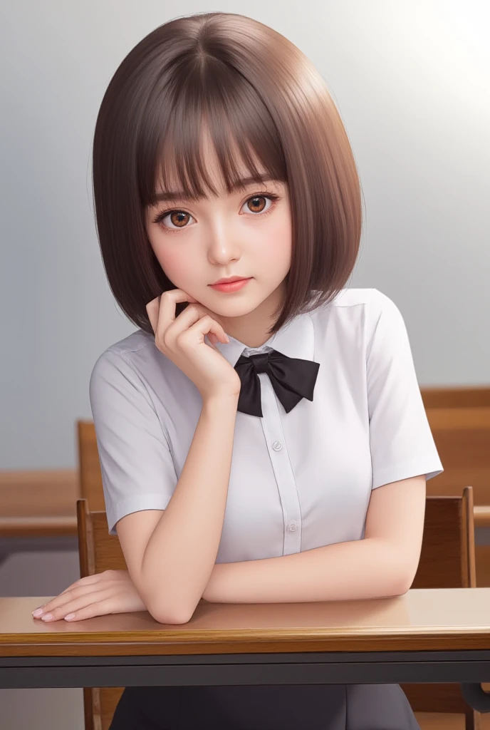 solo girl,  short-hair, looking at viewer, brown hair, shirt, bow, brown eyes, sitting, white shirt, short sleeves, skirt, indoors, bowtie, lips, black bow, chair, table, black bowtie, realistic, classroom ,high_resolution , 8k