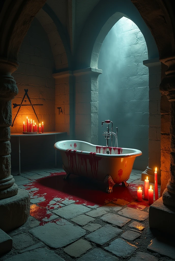 girl in bathtub full of blood, blade on the floor, panoramic view, cinematic, dirty walls