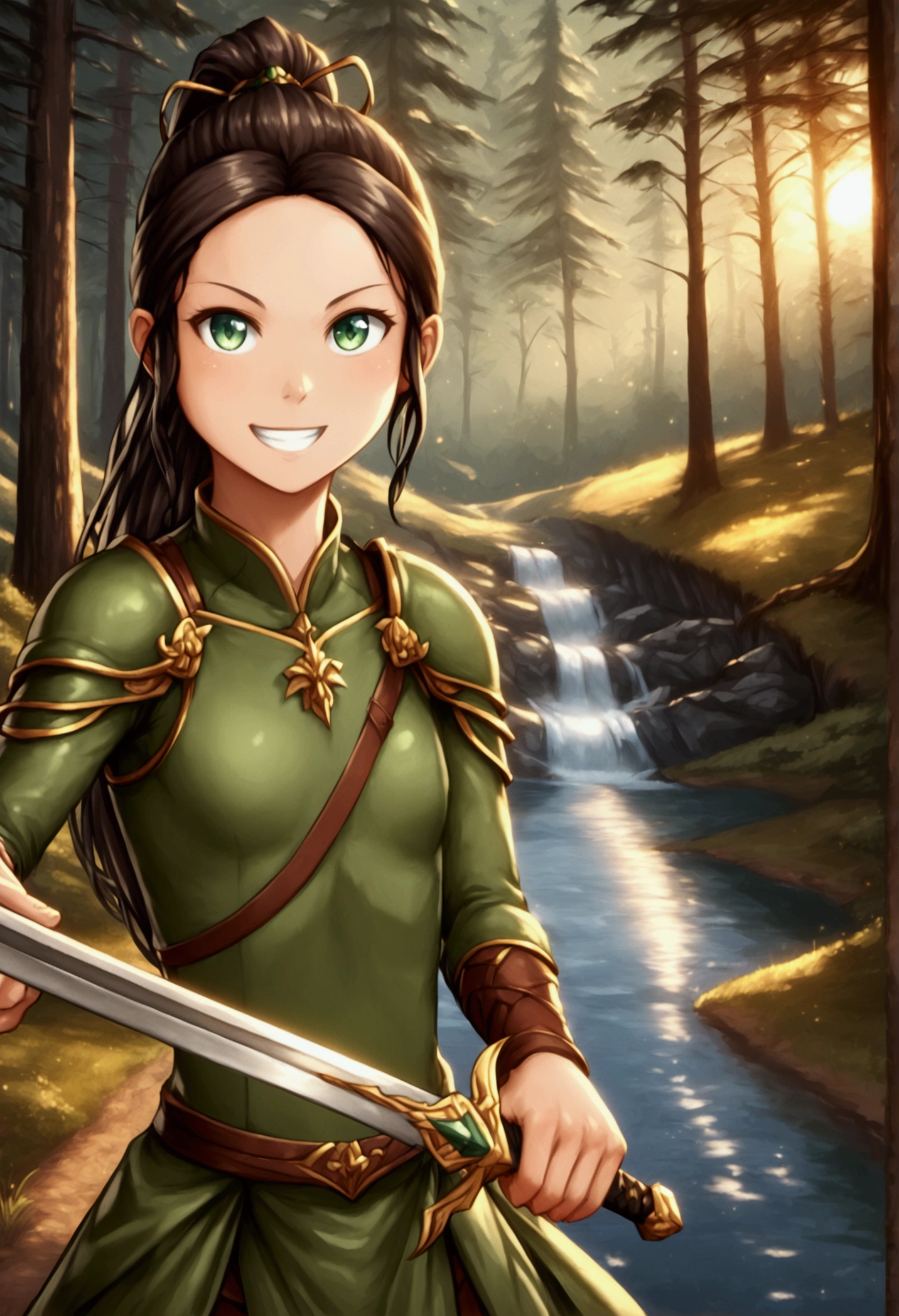 Human swordsman, half dragon in human form, young, bright hair color, long hair, hair tied in ponytail, green eyes, grin, beautifull face, masterpiece, holding sword, battle stance, forest road scene, creek, bridge in background, detailed background