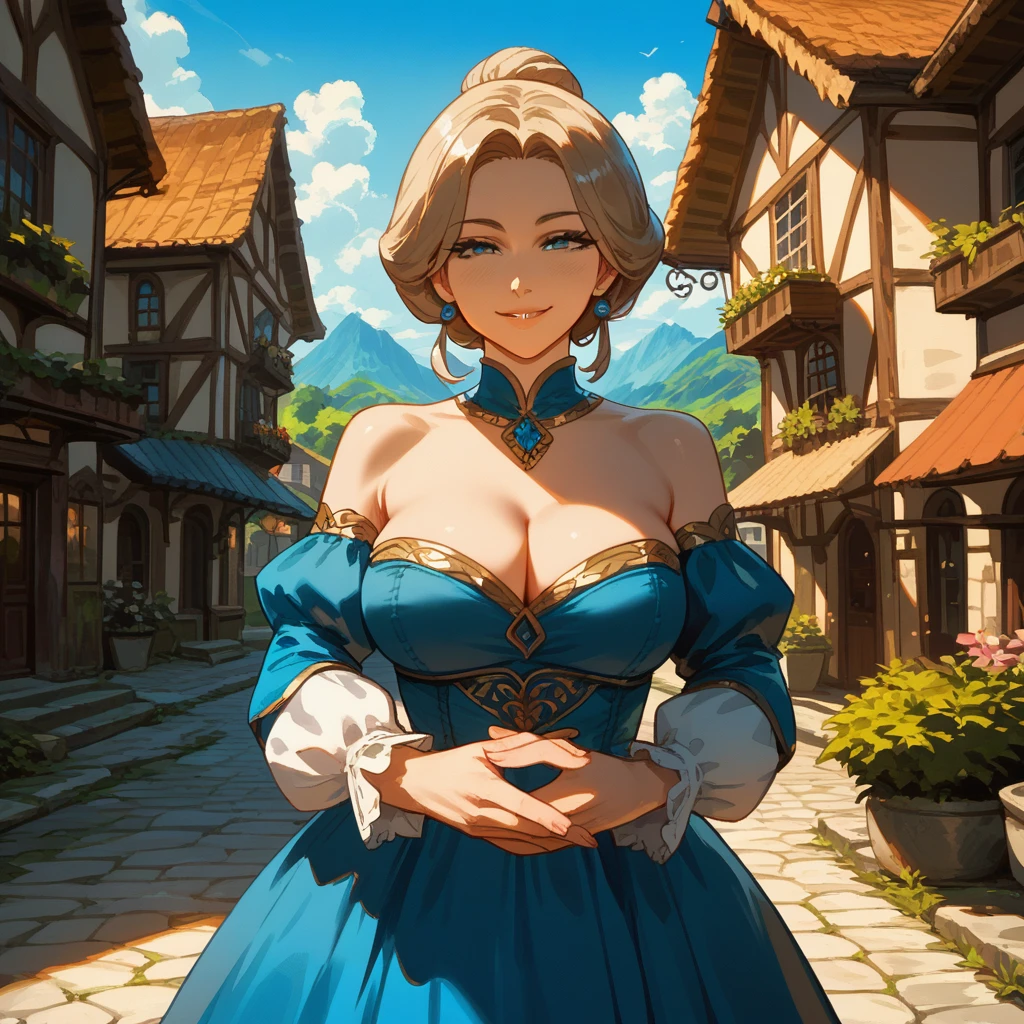 best quality, mature female, nice hands, perfect hands, solo, seductive smile, wide hips, looking at viewer, bare shoulders, blue dress, detached sleeves, cleavage, building, cowboy shot, upper body, village scenery, outdoors, standing