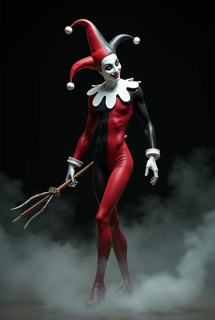 a female clown who has features of the Joker with unique makeup, purple hair, a scar on his face, a wider smile, looks scarier and has a red nose, nude, tattooed, full body view. Skinny petite. In front of a wall with graffiti