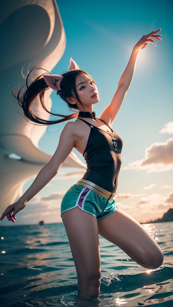 (8K, raw photo, highest resolution, super A high resolution, master piece: 1.2), (1 girl, various poses: 1.2), dancing, flying, panorama, vista, smile, shy, floating, levitating, dynamic pose, upper_body, dynamic angle, messy_long_hair, amazing, cinematic lighting, lens_ flare, dunhuang_style, paraglider, windmill hill, close up of face