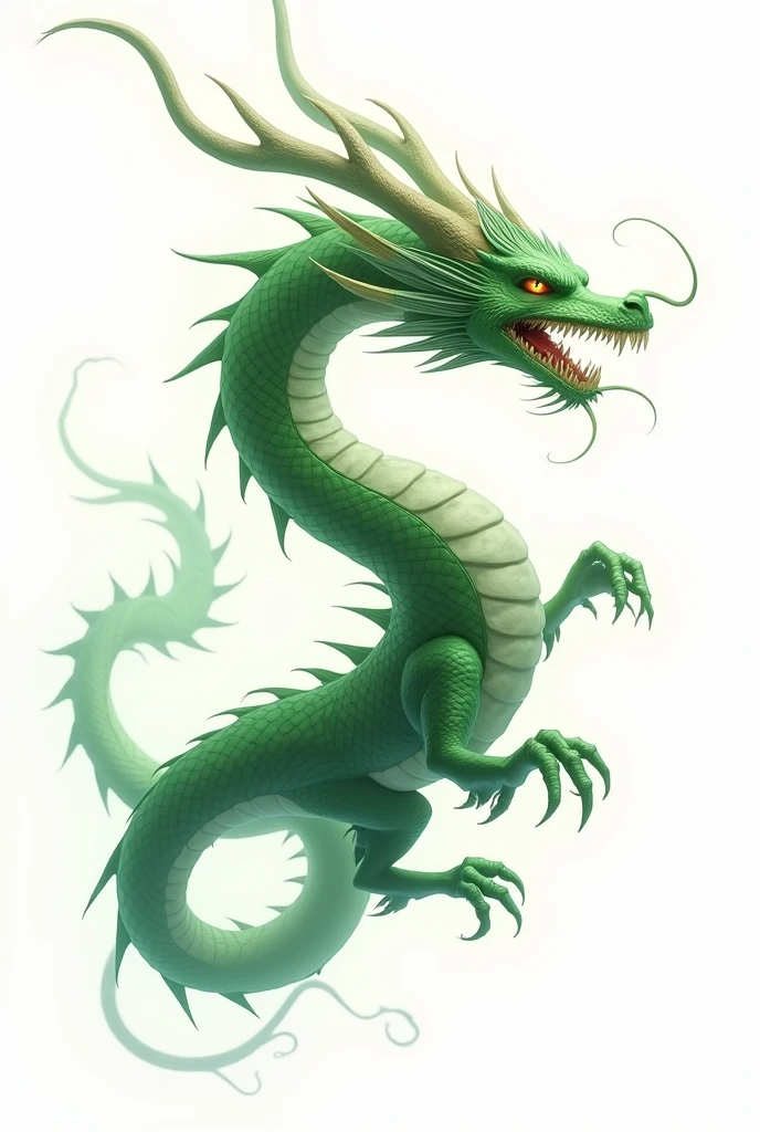 A regular white T-shirt with a design of a green dragon wrapped around the entire T-shirt and also a scale-like texture on the shoulders and ribs. 