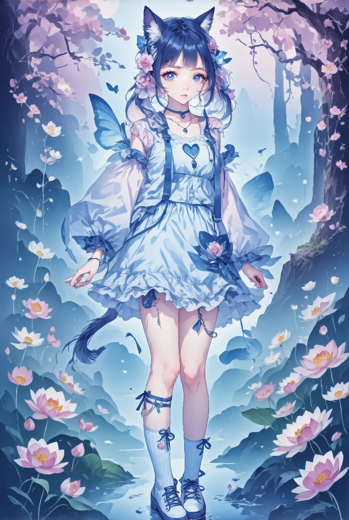 1girl, shoe底,  unique , Pink_flower, Tail, cexist_ear, animal_ear,  blue_Eye, White_skirt, skirt, cexist_Tail, flower, foot, Virtual_youtuber, breast, Over the knee socks, Ahog, Check_exist_Check者, Purple_hair, tape_slip, hair_ ornament , foot_Key Points, White_Over the knee socks, cexist_girl, No_shoe, Heart, choker, wrist_Handcuffs, foot趾,  blush, hexist, ribbon
