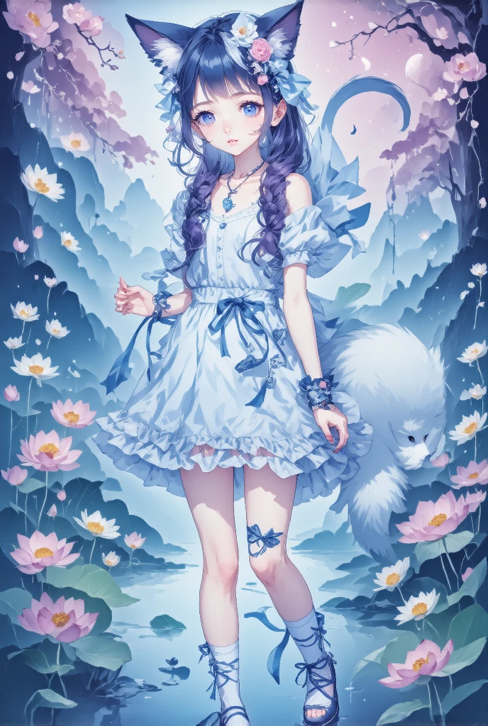 1girl, shoe底,  unique , Pink_flower, Tail, cexist_ear, animal_ear,  blue_Eye, White_skirt, skirt, cexist_Tail, flower, foot, Virtual_youtuber, breast, Over the knee socks, Ahog, Check_exist_Check者, Purple_hair, tape_slip, hair_ ornament , foot_Key Points, White_Over the knee socks, cexist_girl, No_shoe, Heart, choker, wrist_Handcuffs, foot趾,  blush, hexist, ribbon
