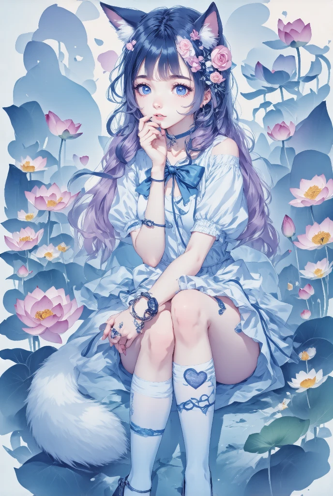 1girl, shoe底,  unique , Pink_flower, Tail, cexist_ear, animal_ear,  blue_Eye, White_skirt, skirt, cexist_Tail, flower, foot, Virtual_youtuber, breast, Over the knee socks, Ahog, Check_exist_Check者, Purple_hair, tape_slip, hair_ ornament , foot_Key Points, White_Over the knee socks, cexist_girl, No_shoe, Heart, choker, wrist_Handcuffs, foot趾,  blush, hexist, ribbon
