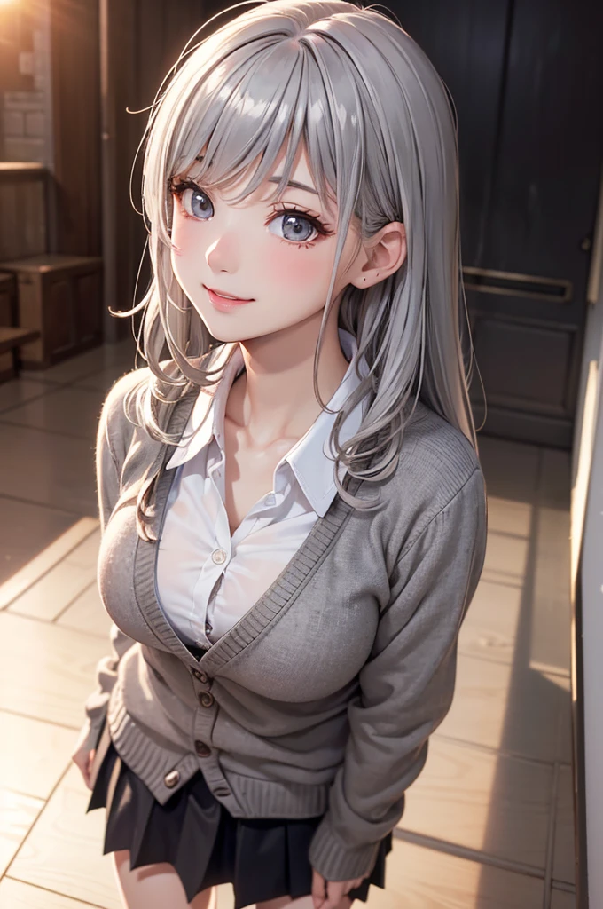 Best Quality,High resolution,8k,finelity detailed background,Masterpiece:1.2),beautiful girl,Glossy romance gray hair,messy hair,Gray eyes,Gentle look,A refreshing look,smile,Best quality,Best Quality,Aesthetic and aesthetic:1.2,Best details((Super detailed))(High-definition CG illustrations),summer uniform,Slender body,School,In the classroom,smile,blush,cute,Scrounge,Looking up,Being spoiled,super model
