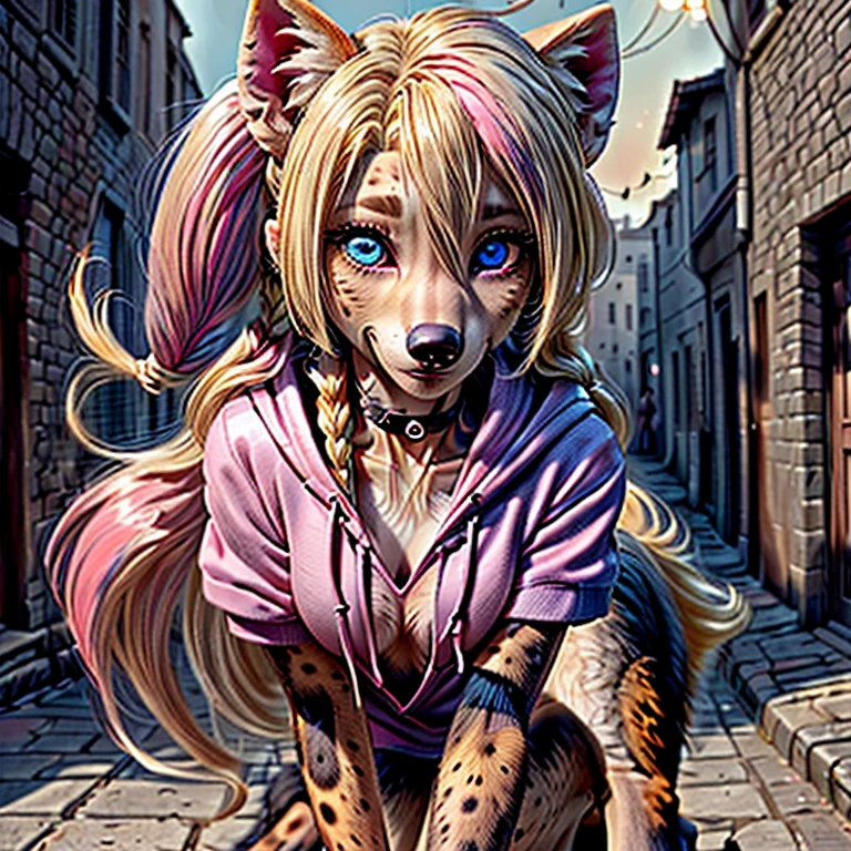 (detailed eyes:1.3), Beautiful Lighting, (1girl:blue eyes, blonde hair, long hair, hair intakes, twintails, blue and pink highlights, (hair between eyes:1.1)), photo realistic, (outdoors, alley:1.3), (hoodie:1.3), black choker, short sleeves, dynamic angle, (bottomless:1.2), Harley Quinn transforming into an anthro hyena, (no hair:1.5), all fours,