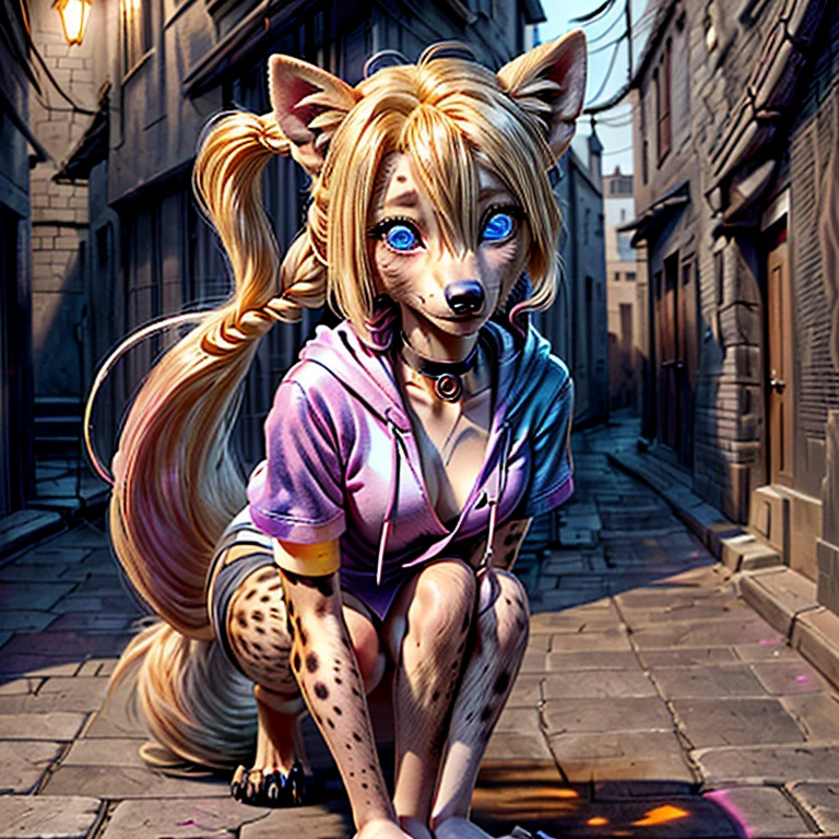 (detailed eyes:1.3), Beautiful Lighting, (1girl:blue eyes, blonde hair, long hair, hair intakes, twintails, blue and pink highlights, (hair between eyes:1.1)), photo realistic, (outdoors, alley:1.3), (hoodie:1.3), black choker, short sleeves, dynamic angle, (bottomless:1.2), Harley Quinn transforming into an anthro hyena, (no hair:1.5), all fours,