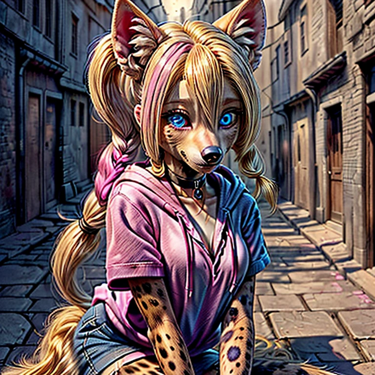 (detailed eyes:1.3), Beautiful Lighting, (1girl:blue eyes, blonde hair, long hair, hair intakes, twintails, blue and pink highlights, (hair between eyes:1.1)), photo realistic, (outdoors, alley:1.3), (hoodie:1.3), black choker, short sleeves, dynamic angle, (bottomless:1.2), Harley Quinn transforming into an anthro hyena, (no hair:1.5), all fours,