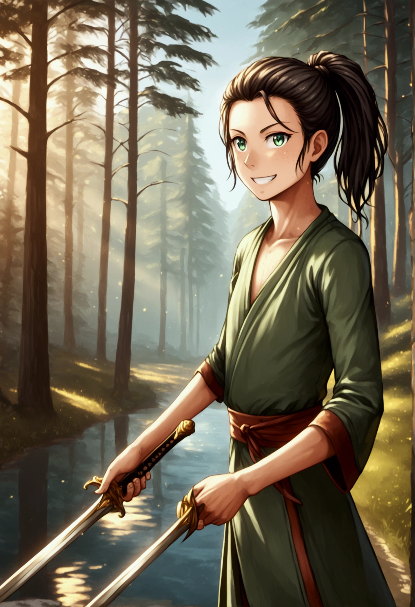 Human swordsman, male, masculine face, stubble, half dragon in human form, young, bright hair color, long hair, hair tied in ponytail, green eyes, grin, beautifull face, masterpiece, holding sword, battle stance, forest road scene, creek, bridge in background, detailed background