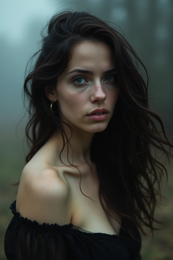 adriana lima, thick brown hair, Hot , Ukrainian girl, wavy brown hair, Dasha Taran, pretty beautiful brunette, (solo one girl : 2.0), a beautiful woman with perfect and detailed eyes, beautiful detailed lips, extremely detailed eyes and face, long eyelashes, intricate facial features, Porcelain skin, elegant expression, Mysterious look, cinematic lighting, high quality 3d rendering, photorealistic, hyperdetailed, masterpiece, Digital art, Conceptual art,Generate a full body image of a sexy girl in underwear, with the body composed of a dense fog. The fog should be thick and detailed, forming the curves of the body in a mysterious and suggestive way. The face must be visible, but the rest of the body must appear ethereal and nebulous, merging with the environment in a soft and elegant way. The background must be a dark forest, with dark trees and an eerie atmosphere. The image must have a very deep depth of field, making the girl in the foreground stand out clearly against the blurry forest background