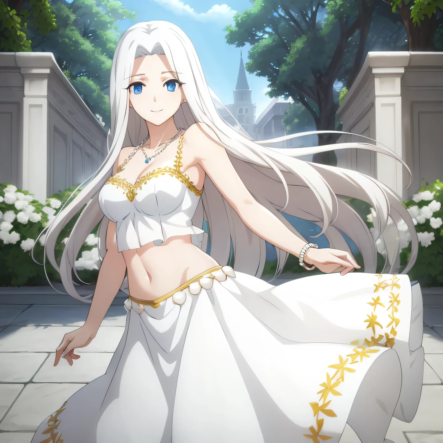 Irisviel,WHITE midriff sheer dress sleeveless,solo,looking at viewer,beautiful smile,arm at side,Middle large size of breasts,beautiful jewelry necklace,pearls necklace,bracelet,high quality,embroidery on dress,Very feminine irisviel looking,,soo white skins,4k,60fps,HD,Barefoot,shadows on character body,high graphics,in garden,blue eyes