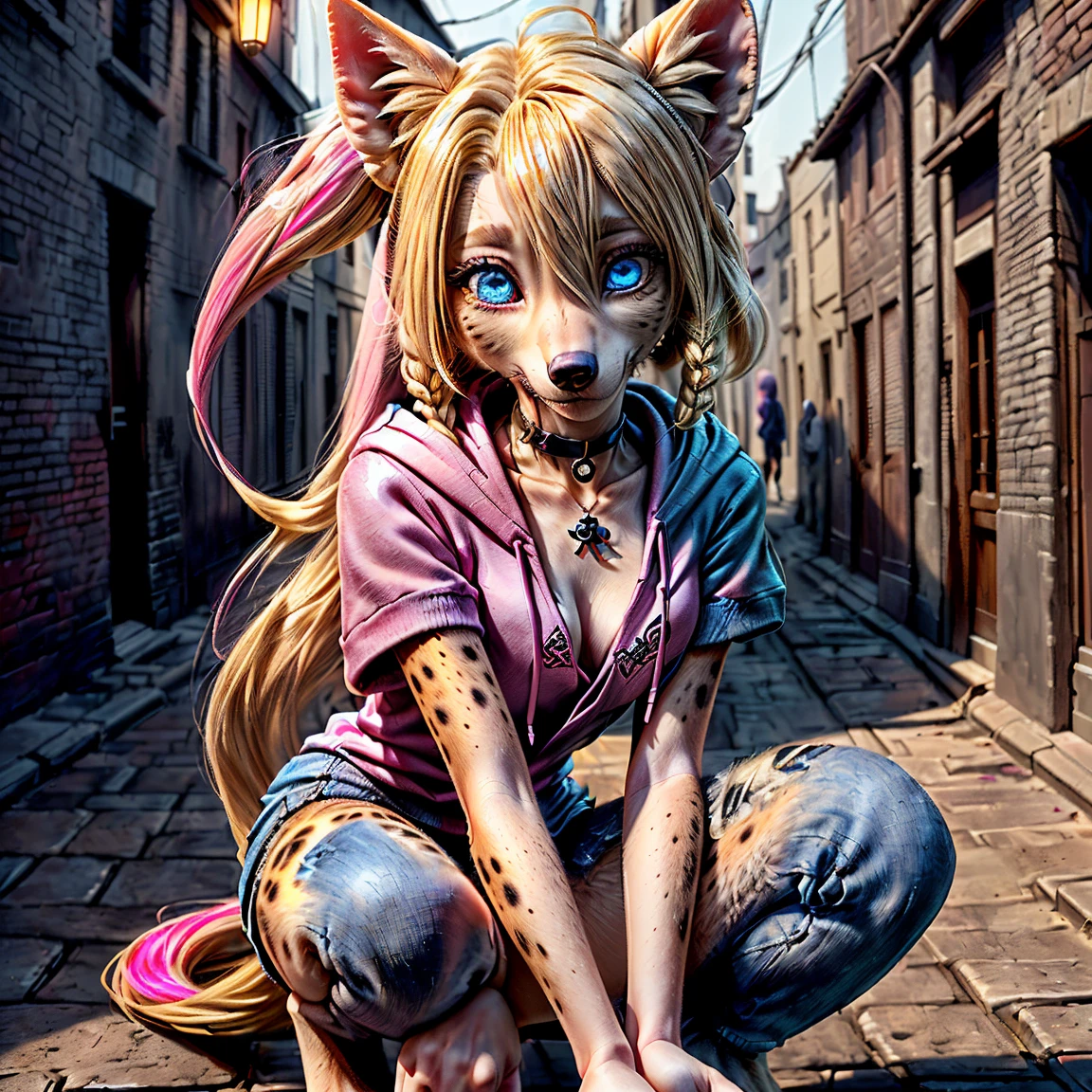 (detailed eyes:1.3), Beautiful Lighting, (1girl:blue eyes, blonde hair, long hair, hair intakes, twintails, blue and pink highlights, (hair between eyes:1.1)), photo realistic, (outdoors, alley:1.3), (hoodie:1.3), black choker, short sleeves, dynamic angle, (bottomless:1.2), Harley Quinn transforming into an anthro hyena, (no hair:1.5), all fours,