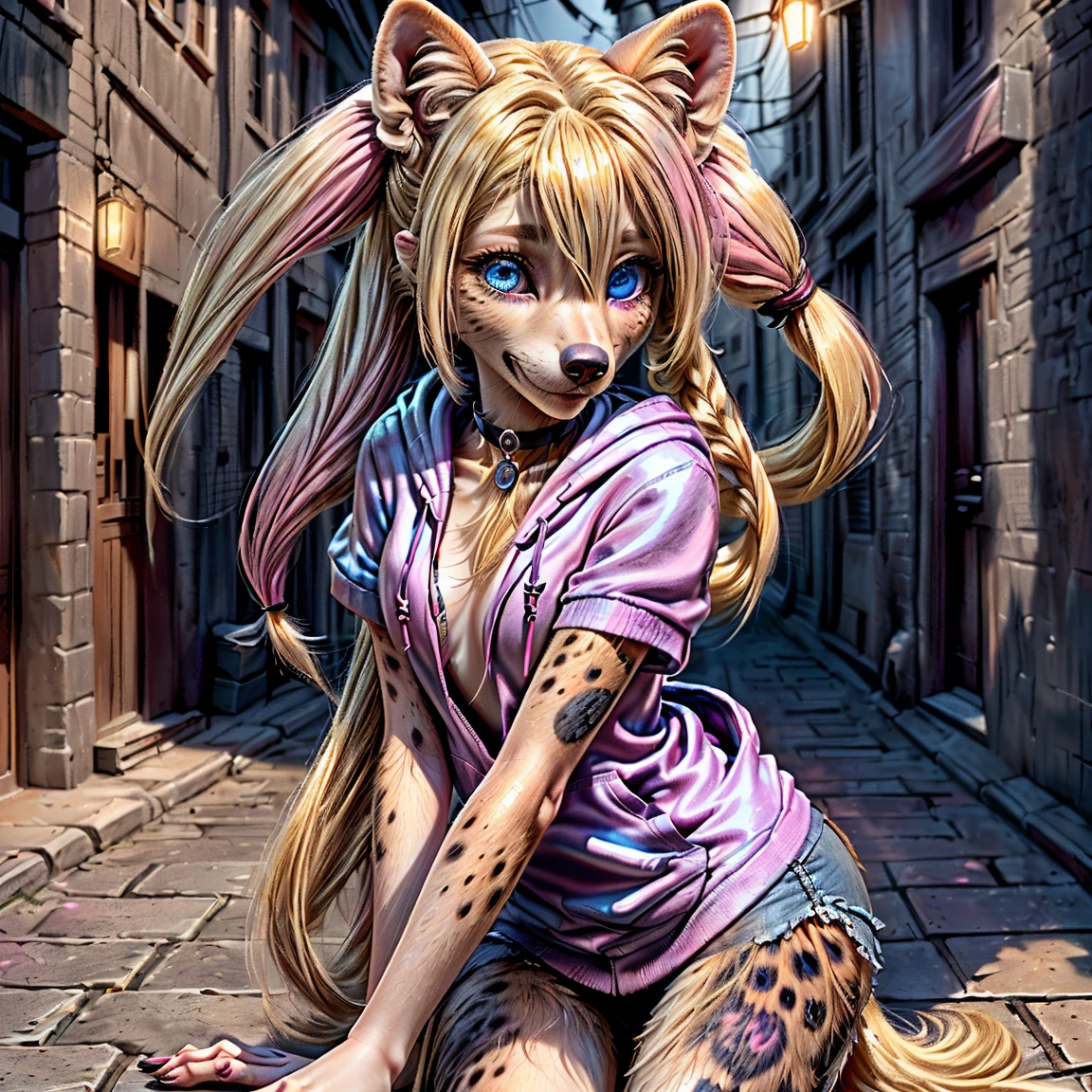 (detailed eyes:1.3), Beautiful Lighting, (1girl:blue eyes, blonde hair, long hair, hair intakes, twintails, blue and pink highlights, (hair between eyes:1.1)), photo realistic, (outdoors, alley:1.3), (hoodie:1.3), black choker, short sleeves, dynamic angle, (bottomless:1.2), Harley Quinn transforming into an anthro hyena, (no hair:1.5), all fours,