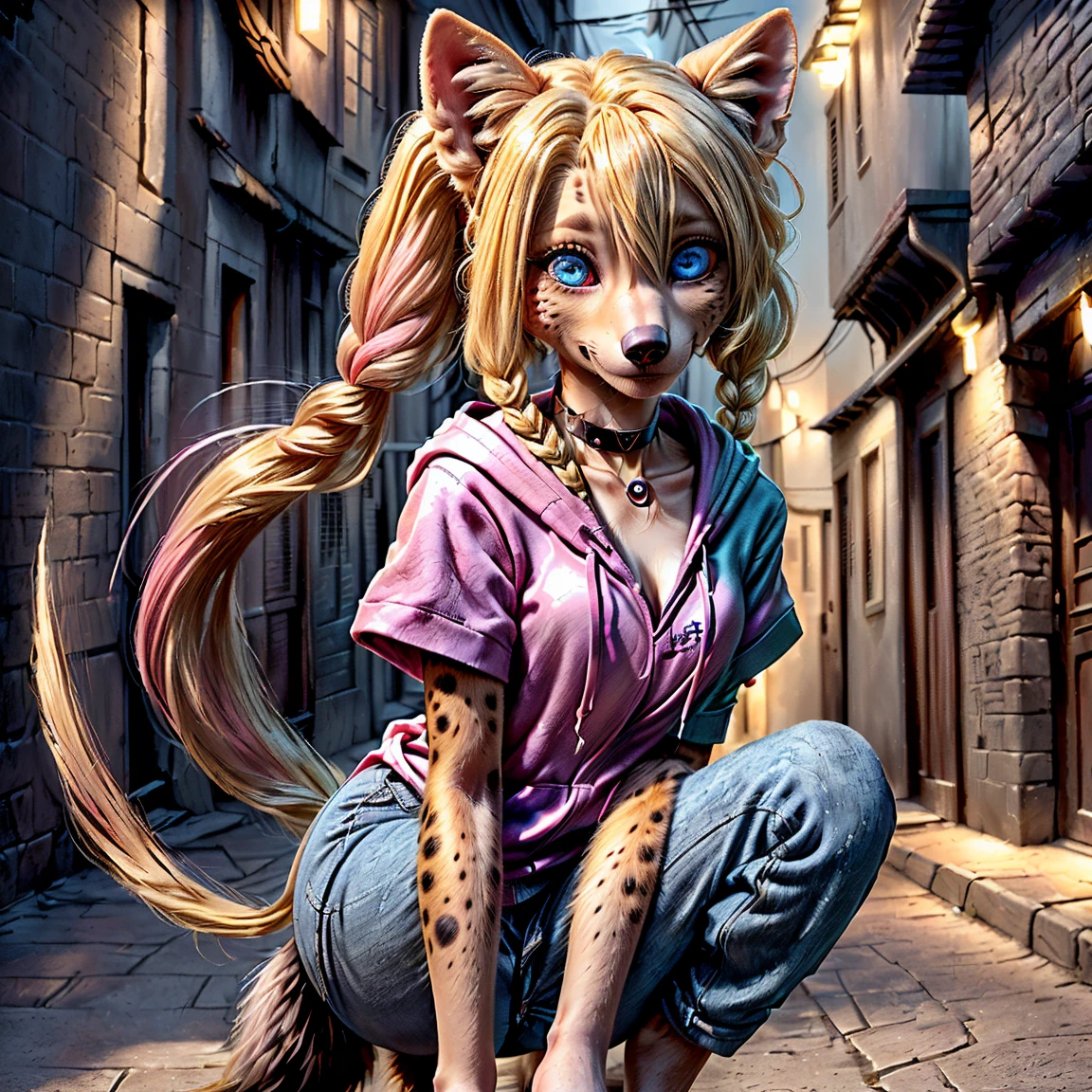 (detailed eyes:1.3), Beautiful Lighting, (1girl:blue eyes, blonde hair, long hair, hair intakes, twintails, blue and pink highlights, (hair between eyes:1.1)), photo realistic, (outdoors, alley:1.3), (hoodie:1.3), black choker, short sleeves, dynamic angle, (bottomless:1.2), Harley Quinn transforming into an anthro hyena, (no hair:1.5), all fours,