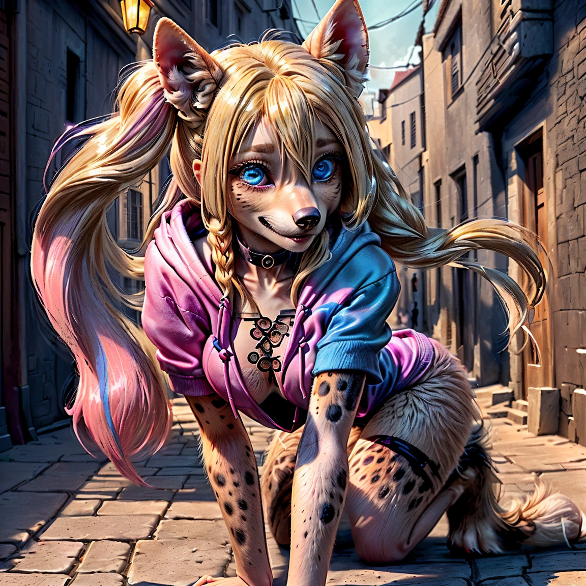 (detailed eyes:1.3), Beautiful Lighting, (1girl:blue eyes, blonde hair, long hair, hair intakes, twintails, blue and pink highlights, (hair between eyes:1.1)), photo realistic, (outdoors, alley:1.3), (hoodie:1.3), black choker, short sleeves, dynamic angle, (bottomless:1.2), Harley Quinn transforming into an anthro hyena, (no hair:1.5), all fours,