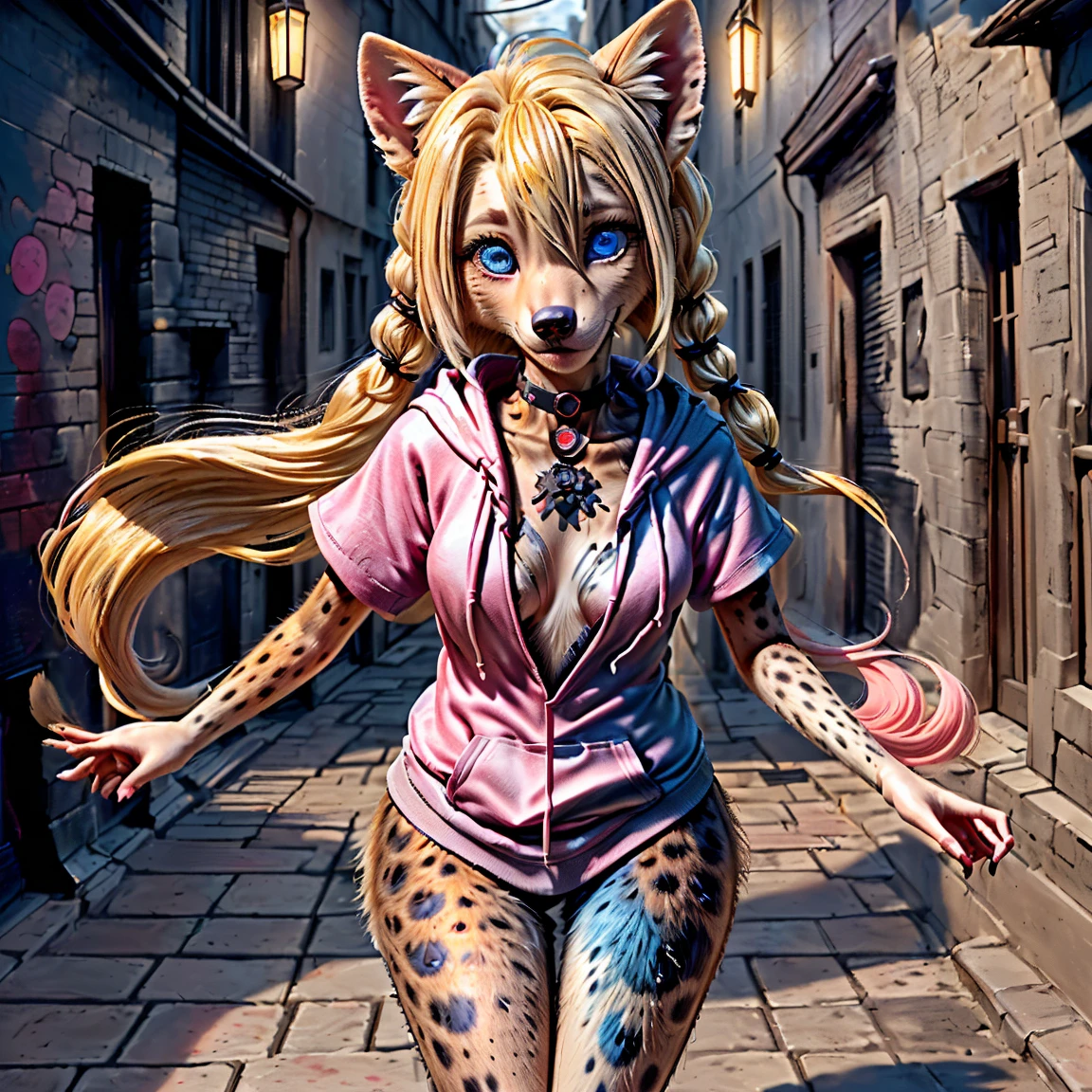 (detailed eyes:1.3), Beautiful Lighting, (1girl:blue eyes, blonde hair, long hair, hair intakes, twintails, blue and pink highlights, (hair between eyes:1.1)), photo realistic, (outdoors, alley:1.3), (hoodie:1.3), black choker, short sleeves, dynamic angle, (bottomless:1.2), Harley Quinn transforming into an anthro hyena, (no hair:1.5), all fours,