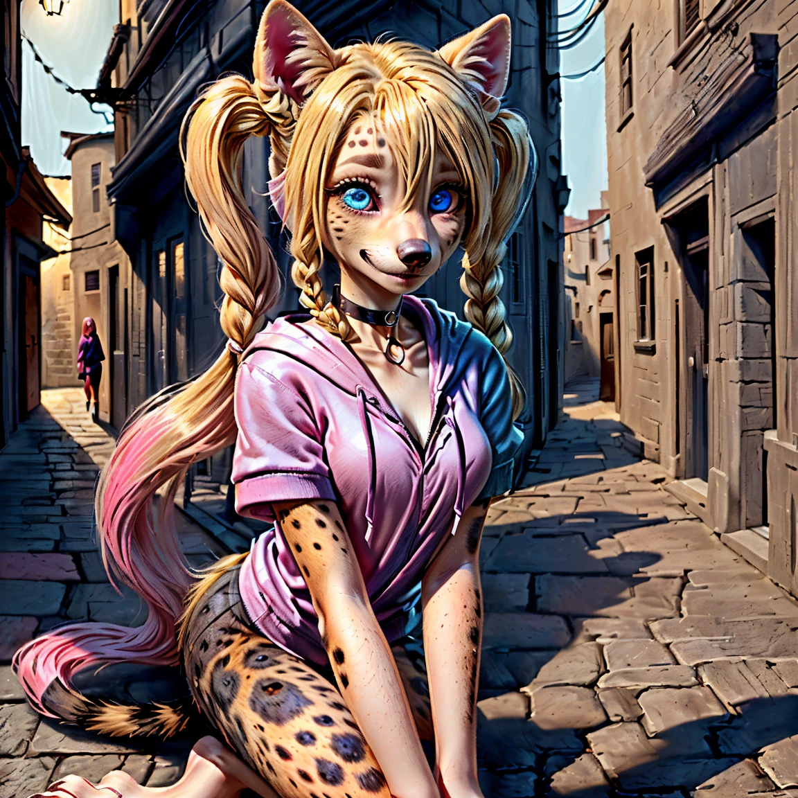 (detailed eyes:1.3), Beautiful Lighting, (1girl:blue eyes, blonde hair, long hair, hair intakes, twintails, blue and pink highlights, (hair between eyes:1.1)), photo realistic, (outdoors, alley:1.3), (hoodie:1.3), black choker, short sleeves, dynamic angle, (bottomless:1.2), Harley Quinn transforming into an anthro hyena, (no hair:1.5), all fours,