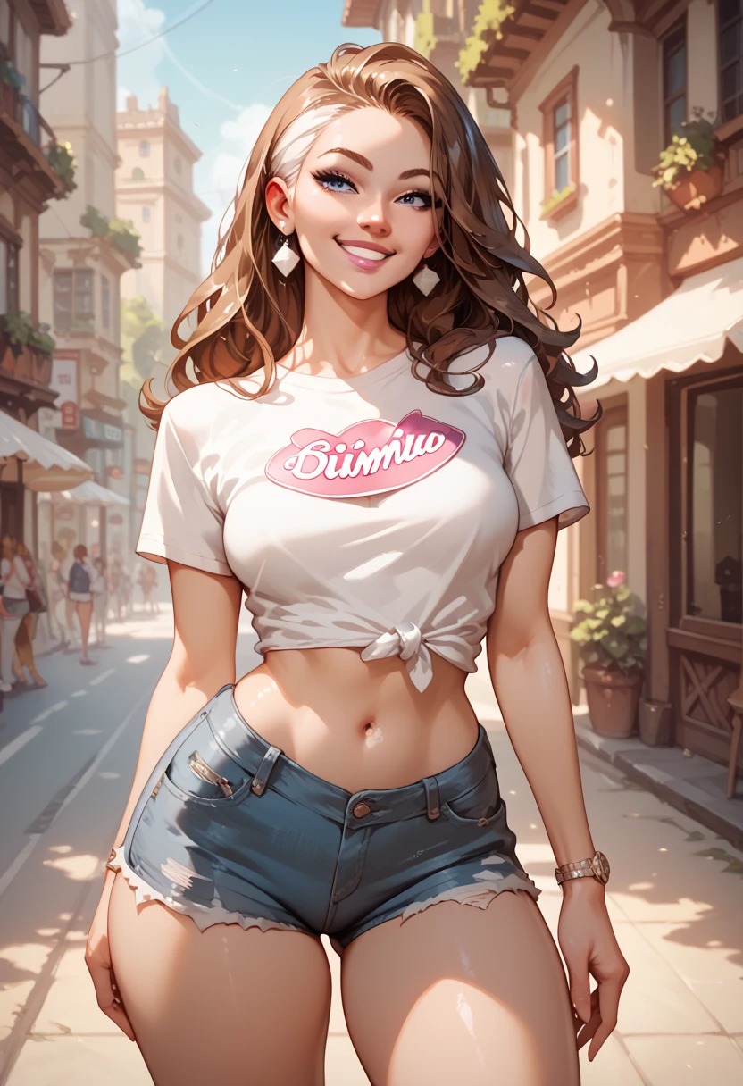 girl, ,   straight brown hair,  blue eyes,    sharp features   ,  white pele, Bright pink lips, perfect, (((white shirt)), (((   short and tight denim shorts)), thick legs thick thighs , smile, pose sexy, And Caminho , 