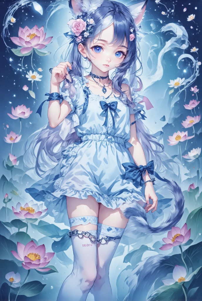 1girl, shoe底,  unique , Pink_flower, Tail, cexist_ear, animal_ear,  blue_Eye, White_skirt, skirt, cexist_Tail, flower, foot, Virtual_youtuber, breast, Over the knee socks, Ahog, Check_exist_Check者, Purple_hair, tape_slip, hair_ ornament , foot_Key Points, White_Over the knee socks, cexist_girl, No_shoe, Heart, choker, wrist_Handcuffs, foot趾,  blush, hexist, ribbon
