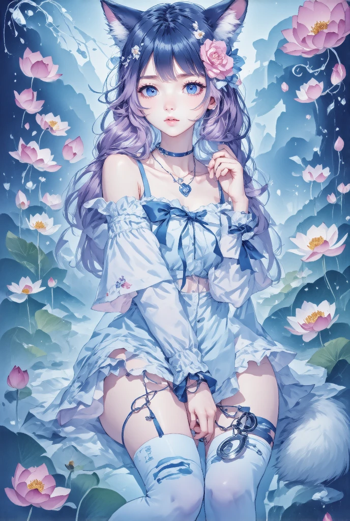 1girl, shoe底,  unique , Pink_flower, Tail, cexist_ear, animal_ear,  blue_Eye, White_skirt, skirt, cexist_Tail, flower, foot, Virtual_youtuber, breast, Over the knee socks, Ahog, Check_exist_Check者, Purple_hair, tape_slip, hair_ ornament , foot_Key Points, White_Over the knee socks, cexist_girl, No_shoe, Heart, choker, wrist_Handcuffs, foot趾,  blush, hexist, ribbon
