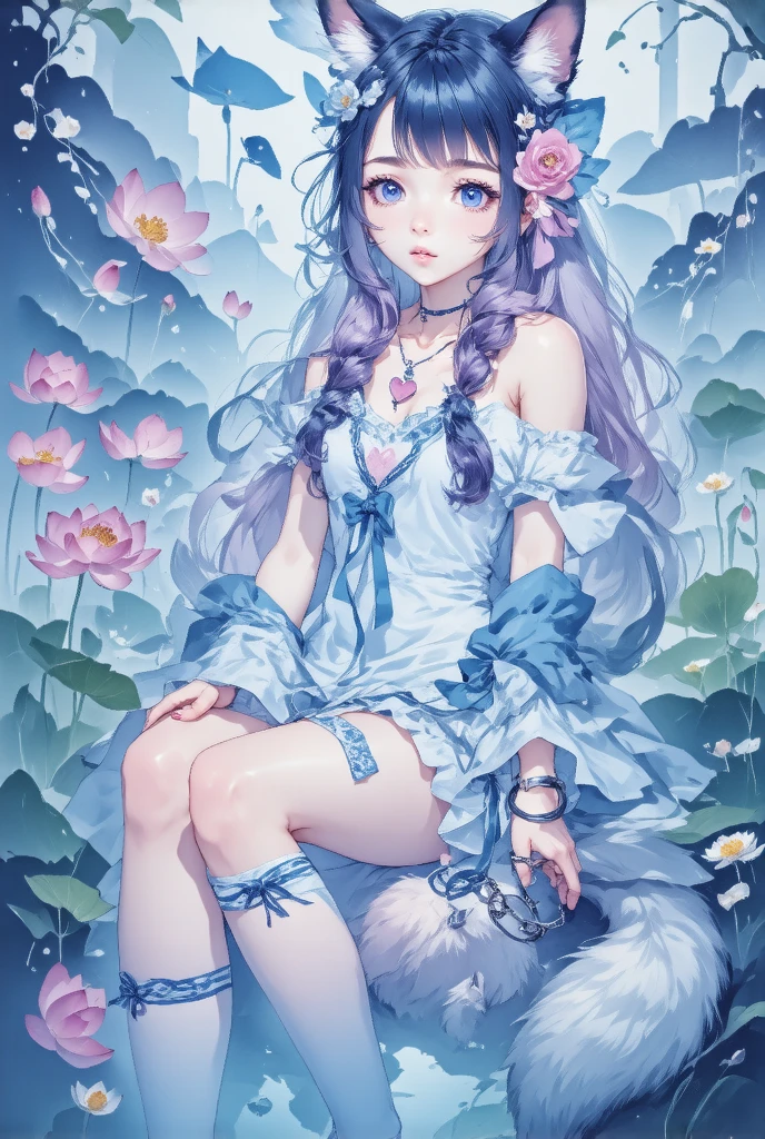 1girl, shoe底,  unique , Pink_flower, Tail, cexist_ear, animal_ear,  blue_Eye, White_skirt, skirt, cexist_Tail, flower, foot, Virtual_youtuber, breast, Over the knee socks, Ahog, Check_exist_Check者, Purple_hair, tape_slip, hair_ ornament , foot_Key Points, White_Over the knee socks, cexist_girl, No_shoe, Heart, choker, wrist_Handcuffs, foot趾,  blush, hexist, ribbon
