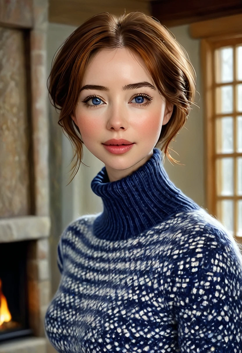 A Nubile, Sultry And Alluring needy Woman Who Is Stting In Front Of A Stone Fireplace Wearing A Tight Cozy Navy Blue Knitted Sweater. B-Cup. cleavage. cute pose. A Cute Skirt With Leggings The Scene Is Cosy And Hygge. Snowing Outside. The Medium Used To Depict This Artwork Is Oil Painting, Ensuring A High-Quality And Detailed Result. The Painting Style Is Realistic And Photorealistic, With Vivid Colors And Sharp Focus. The Overall Lighting Is Well-Balanced, Illuminating The Scene Beautifully. Stunningly beautiful merge of Anna Popplewell Ana De Armas Traylor Howard and Molly Quinn. symmetrical face, photorealistic, photography, path tracing
