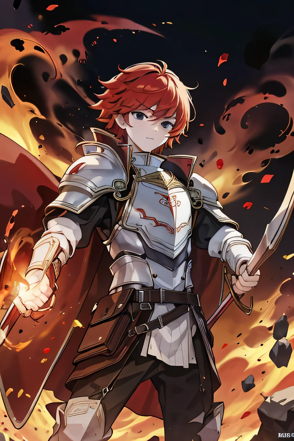 (best quality, 4K, 8k, Ultra high resolution, piece of master: 1.2),  , an 18 year old man, Red hair and black eyes, Wearing light red armor, holding a flaming arrow.