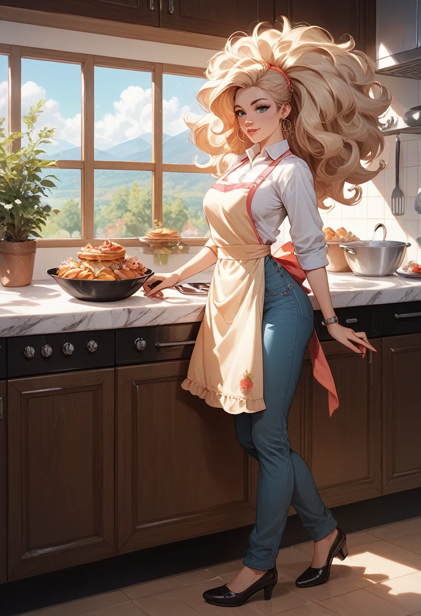 Beautiful woman 25 years old, not very high, long curly light blonde hair, Thin waist, big tits, well-shaped and large hips. She wears a top and jeans and long boots, check an empty refrigerator, kitchen, House