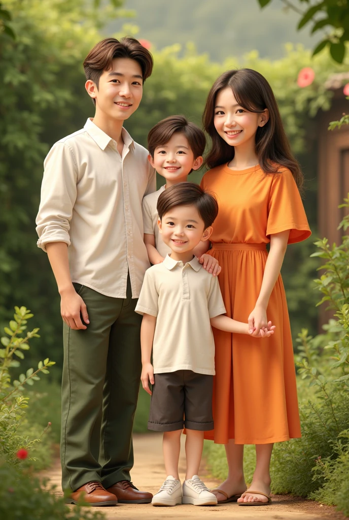 Eva talking to her children, two boys, sitting on a log in a grassy field, under a tree, the times and clothes are from biblical times