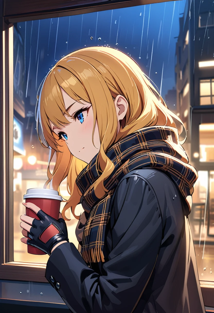 (Alone)，masterpiece， extremely detailed， high definition ， beautiful illustration ，((Thriller))，wonderful，Medium size display， upper body，woman，(  very detailed neat hair )， orange to yellow hair ， beautiful blue eyes，( Black Suit )， plaid scarf ， fingerless gloves，( DRINK COFFEE )，Hand holding coffee cup， depth of field，Coffee shop background， night background，(Dark feeling)，rain on the window 