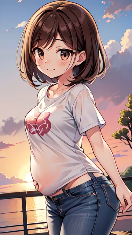 1,000,000. short brown hair),  Portrait of pregnant woman wearing jeans,Beautiful brown hair,  Light Brown Eyes , A little thick, small breasts,Small Ass,((( Unruly Smiles ))),
 best quality, masterpiece,   ultra high resolution, 8k,,Spring Sky,(( 4 Spring Outfits )), show anime style  , One,  Softline Art , Digital Enhancement, shojo anime touch, shojo manga core, Flowing fabric, close, Soft Drawing, Ultra HD digital anime art, Clear facial depiction,  highly detailed girl manga character art,  Super Detailed Cartoon Style ,  best qualityの色, whole body,
(Summer landscape,Cumulonimbus. gingham check t-shirt and jeans staring at me from the front