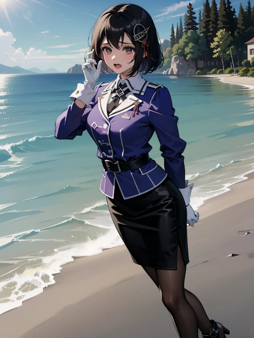 Haguro \(Kantai Collection\),  short hair on the side of the uniform,  black hair,  Brown Eyes ,  Hair Ornament , Costume :  military uniform,  Purple Jacket ,  black tie,  white gloves, black belt,   black skirt  ,   miniskirt,   pencil skirt,  White Pantyhose, Grey footwear,  high heels,
,  shy,  Nose Blush , (Heart hand ,  my hands together :1)
Break Masterpiece,  best quality,  high definition , 8k,  Official Art,  super detailed,  SUPER RESOLUTION,  Very detailed and beautiful,  Very detailed, wonderfully detailed , Beautiful girls in high definition ,   Very detailedな顔があります ,  high definition eyes ,   Very detailedなスキン ,  Very detailedな指,  Very detailedな鼻, Very detailed mouths ,  perfect anatomy 
BREAK
full body shot, Contrasting, On the Sea, On the water,  bright , scenery,  Very detailed CG unity 16k,  Very Detailed 16KCG Wallpaper 