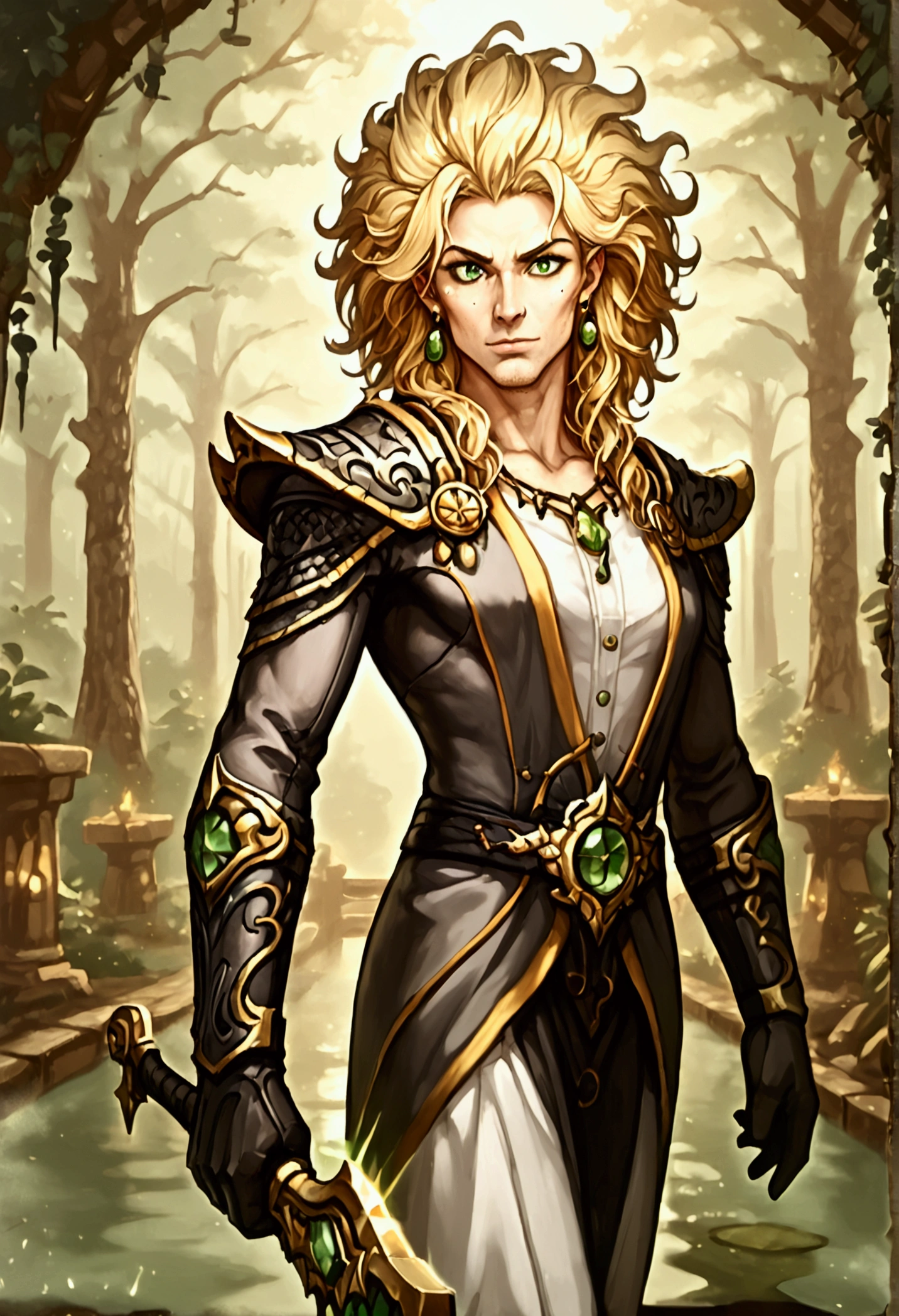 Human swordsman, male, masculine face, stubble, half dragon in human form, muscular, 30 year old, blonde hair color, shoulder length hair, 
disheveled hair, green eyes, beautifull face, light armor, masterpiece, holding sword, battle stance, forest road scene, near creek, bridge in background, detailed background, solo