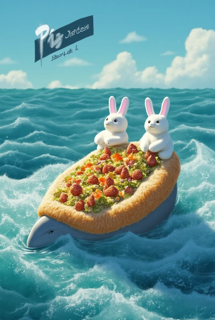  Smoky pig salad with a golden crust under a fur coat( I mean the Russian herring salad under a fur coat ). The salad is on the surf ,  that floats on the blue, slightly moving sea .  The audience is all around - dolphins with bunny ears .  