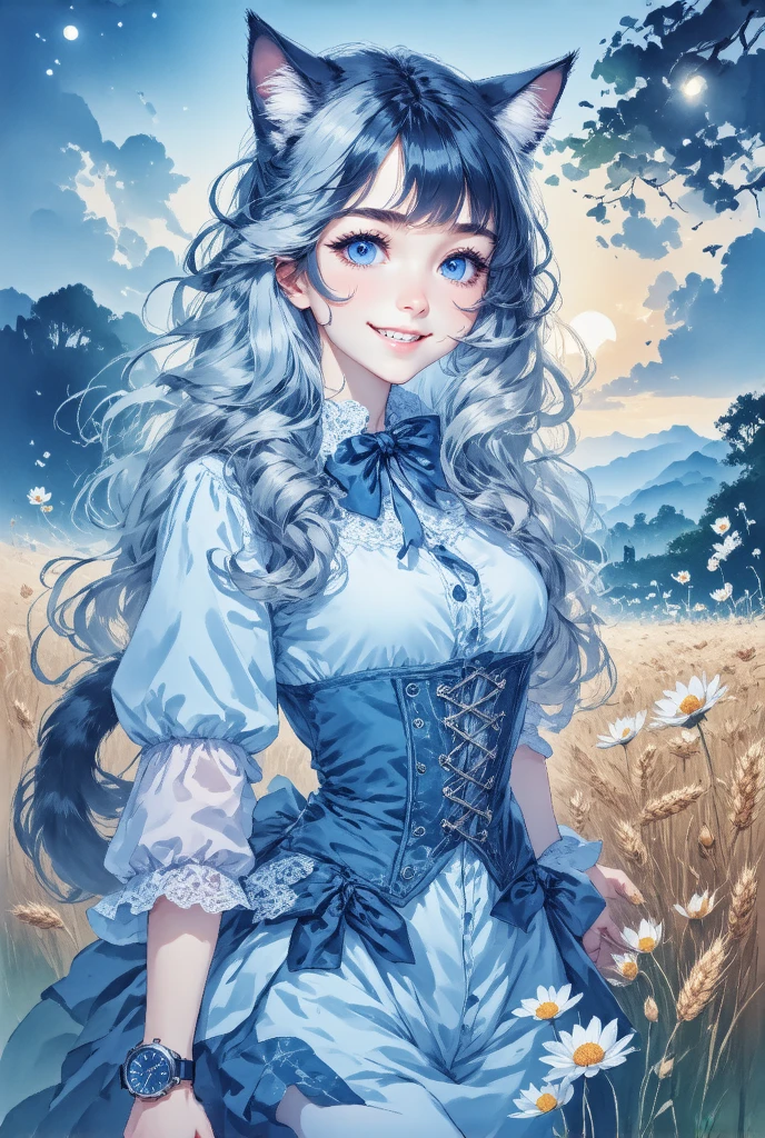 ( drawn by Lynn Okamoto),Center frame,  clearly focuses , (panoramic, Wide-angle lens),  Quality Best , masterpiece,  Very detailed ,  Detailed Background , (From above:1.2),  1 girl at home, Catwoman, unique ,, blue eyes ,White hair,  close one eye , Smile, Open your mouth, skirt, Long hair, curls, One side,  fluffy hair , , French ,  blush, Smile, Capulet, Lace, Corset, Sunset, long skirt, dusk, wind景,  golden sky , high pLace, horizon, wheat field , Wheat ears, wind, wind blow,  watches viewers , ( Depth of Field), Bokeh, (Keep a flower:1.3), (Keep:1.2),(Ease):0.5,