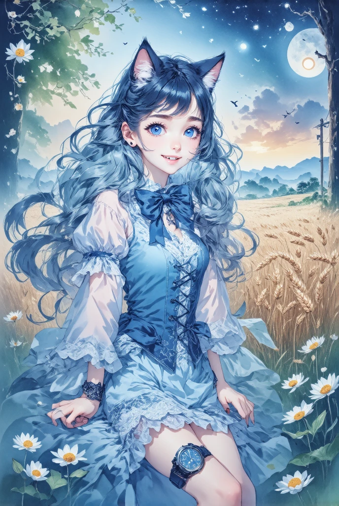 ( drawn by Lynn Okamoto),Center frame,  clearly focuses , (panoramic, Wide-angle lens),  Quality Best , masterpiece,  Very detailed ,  Detailed Background , (From above:1.2),  1 girl at home, Catwoman, unique ,, blue eyes ,White hair,  close one eye , Smile, Open your mouth, skirt, Long hair, curls, One side,  fluffy hair , , French ,  blush, Smile, Capulet, Lace, Corset, Sunset, long skirt, dusk, wind景,  golden sky , high pLace, horizon, wheat field , Wheat ears, wind, wind blow,  watches viewers , ( Depth of Field), Bokeh, (Keep a flower:1.3), (Keep:1.2),(Ease):0.5,