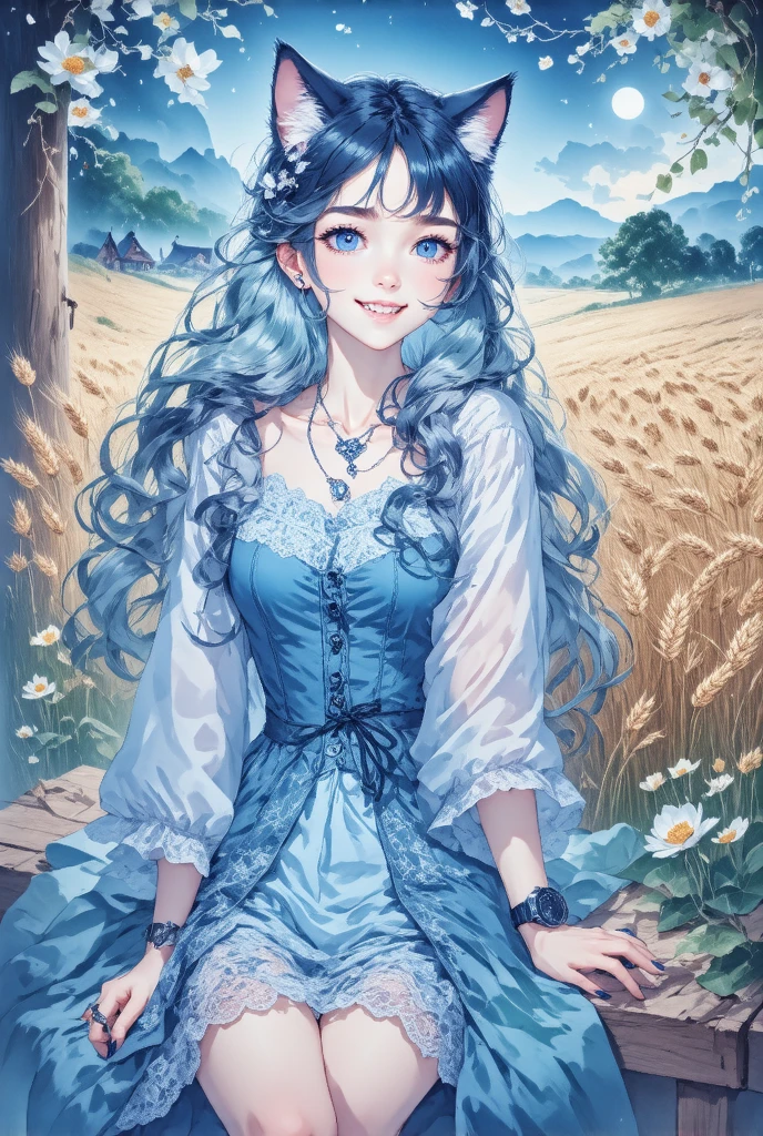 ( drawn by Lynn Okamoto),Center frame,  clearly focuses , (panoramic, Wide-angle lens),  Quality Best , masterpiece,  Very detailed ,  Detailed Background , (From above:1.2),  1 girl at home, Catwoman, unique ,, blue eyes ,White hair,  close one eye , Smile, Open your mouth, skirt, Long hair, curls, One side,  fluffy hair , , French ,  blush, Smile, Capulet, Lace, Corset, Sunset, long skirt, dusk, wind景,  golden sky , high pLace, horizon, wheat field , Wheat ears, wind, wind blow,  watches viewers , ( Depth of Field), Bokeh, (Keep a flower:1.3), (Keep:1.2),(Ease):0.5,