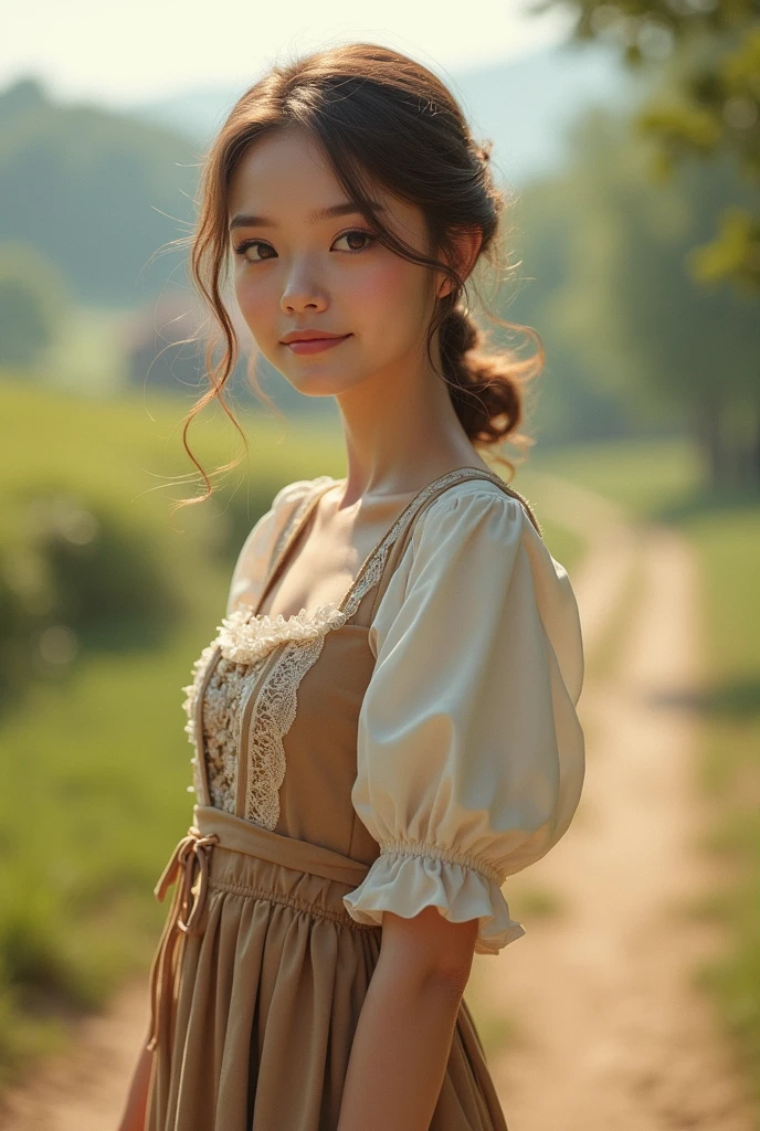 (masterpiece:1.2, best quality), HDR, intricate detail, 1girl, Person Focus,
body from front,
(bobbed hair),
light smile,
(Brown Color, wooden pattern Dress),
with one's hands behind one's back,
(Forest background),