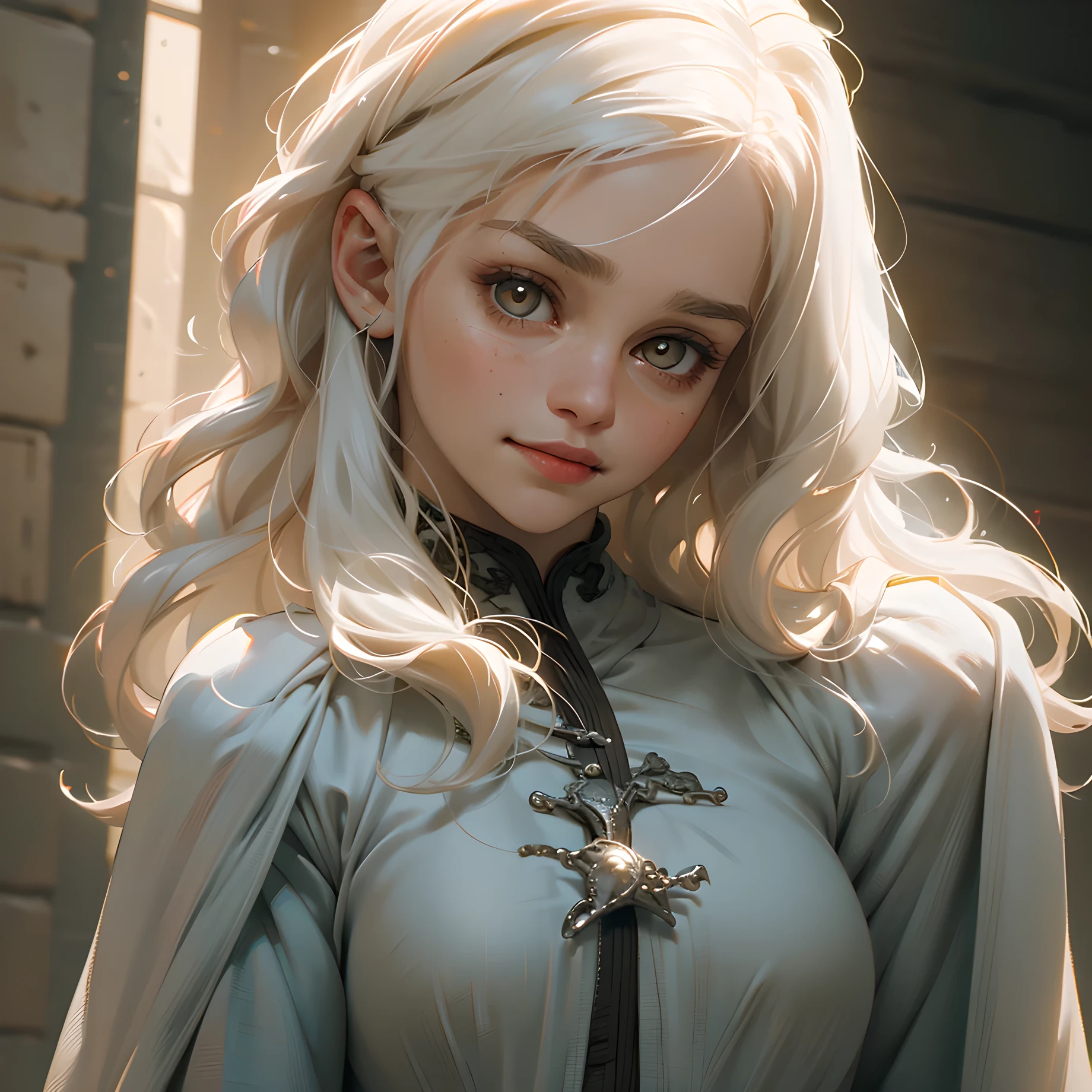 ((ultra detailed, masterpiece, absurdres))
 GOTDaenerys, 1girl, white hair, long hair, portrait, gold eyes, smirk, confident, Looking at viewer, small smile