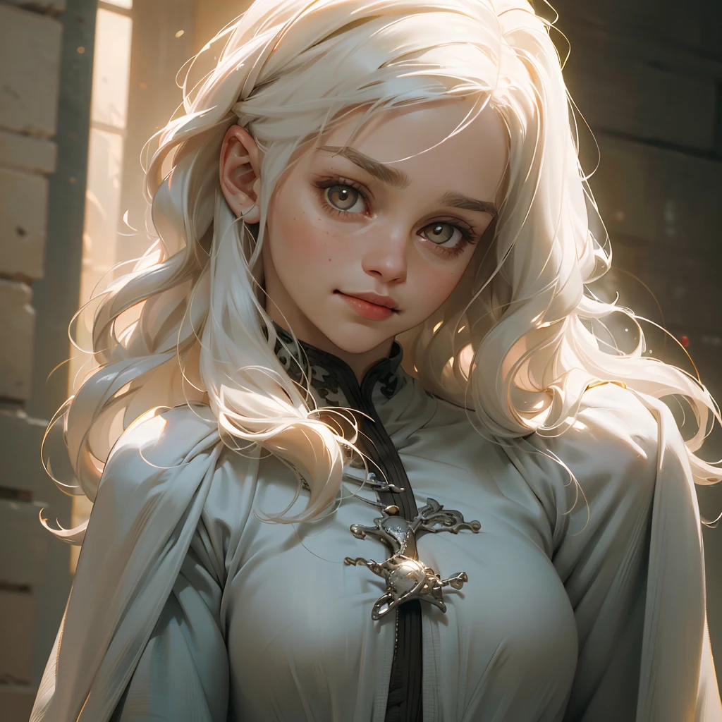 ((ultra detailed, masterpiece, absurdres))
 GOTDaenerys, 1girl, white hair, long hair, portrait, gold eyes, smirk, confident, Looking at viewer, small smile