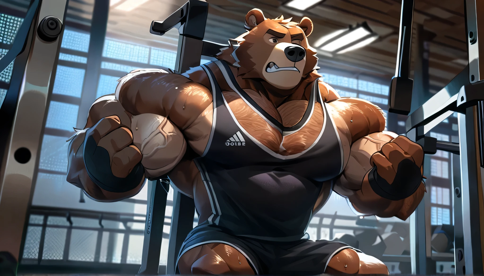 Big brown furry kodiak muscle bear with huge muscles with black gym shorts, black gym shoes and black wristbands at the gym doing incline bench presses sweating off with veins