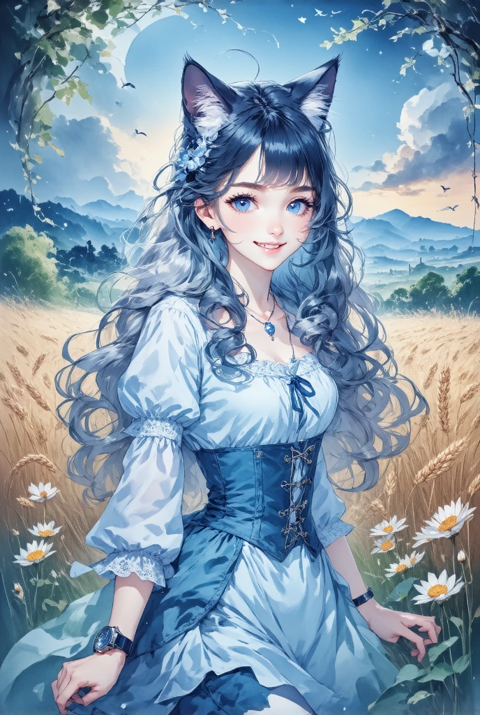 ( drawn by Lynn Okamoto),Center frame,  clearly focuses , (panoramic, Wide-angle lens),  Quality Best , masterpiece,  Very detailed ,  Detailed Background , (From above:1.2),  1 girl at home, Catwoman, unique ,, blue eyes ,White hair,  close one eye , Smile, Open your mouth, skirt, Long hair, curls, One side,  fluffy hair , , French ,  blush, Smile, Capulet, Lace, Corset, Sunset, long skirt, dusk, wind景,  golden sky , high pLace, horizon, wheat field , Wheat ears, wind, wind blow,  watches viewers , ( Depth of Field), Bokeh, (Keep a flower:1.3), (Keep:1.2),(Ease):0.5,