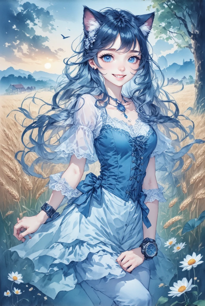 ( drawn by Lynn Okamoto),Center frame,  clearly focuses , (panoramic, Wide-angle lens),  Quality Best , masterpiece,  Very detailed ,  Detailed Background , (From above:1.2),  1 girl at home, Catwoman, unique ,, blue eyes ,White hair,  close one eye , Smile, Open your mouth, skirt, Long hair, curls, One side,  fluffy hair , , French ,  blush, Smile, Capulet, Lace, Corset, Sunset, long skirt, dusk, wind景,  golden sky , high pLace, horizon, wheat field , Wheat ears, wind, wind blow,  watches viewers , ( Depth of Field), Bokeh, (Keep a flower:1.3), (Keep:1.2),(Ease):0.5,