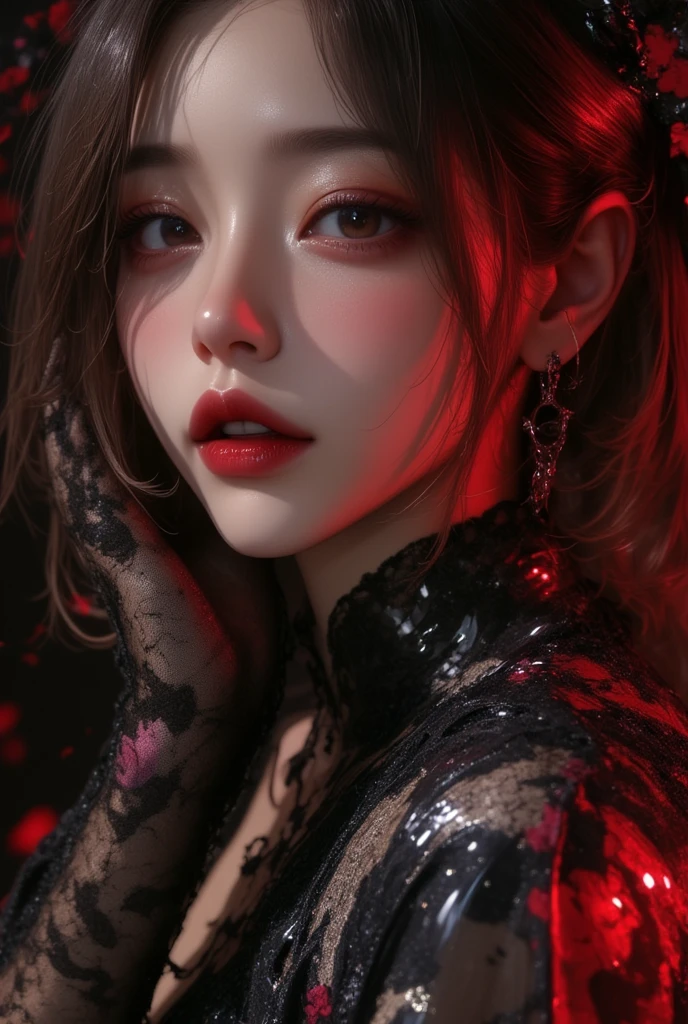 (portrait shot, ((vivid red hair)), mature woman, 30 years old, diamond face, moonlight, red starry sky background, depth of field, magic, big red lips, ((dark black eyes)) black and red long and full dress, covered chest, mystical atmosphere, ominous shadows, Intense blue aura, Intense red aura (best quality:1.2), absurdres, intricate details, (highly detailed skin:1.2), smile expression, posing, taut and well defined body, attractive. Highly realistic, pale skin, beautiful, hyperrealism, skin very elaborated, direct gaze