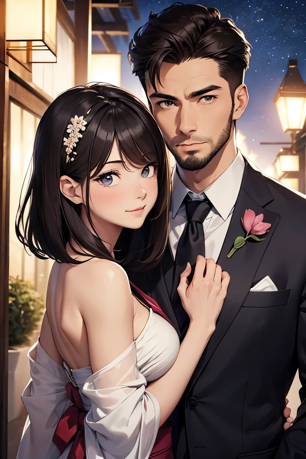 At the sunny wedding, men in handsome suits admire beautiful ladies. The lady dressed in a gorgeous gown gently rested her hand on the man's shoulder and stared at the camera with a smile.